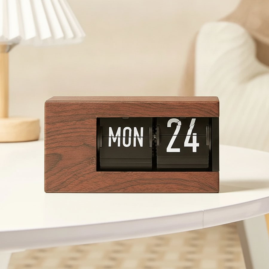 Flip calendar clock with walnut frame, studio shot