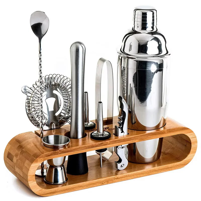 10-piece bartender kit with bamboo stand, full set on a white background