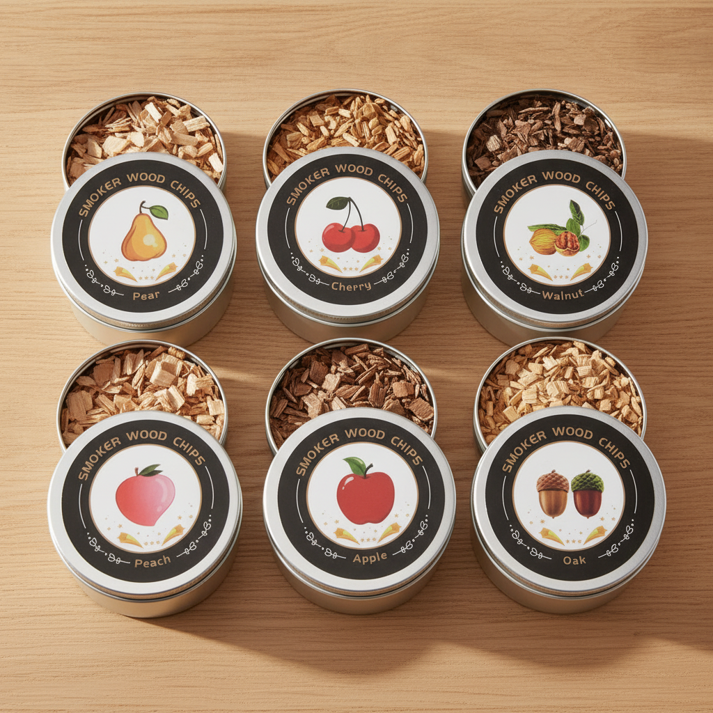 Six tins of HomyPoint cocktail smoking wood chips — pear, cherry, walnut, peach, apple and oak — open on a pale oak surface