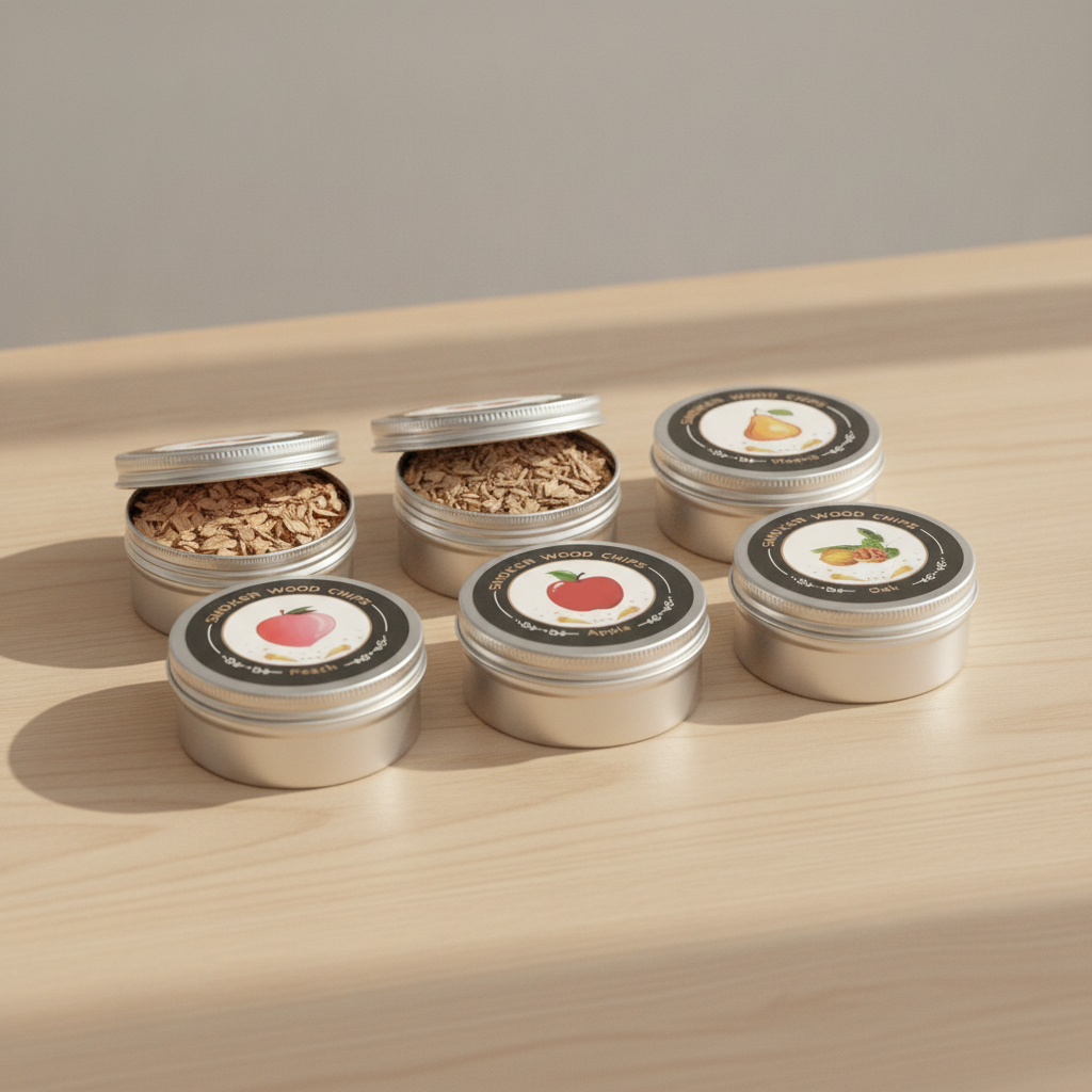 Wood chip tins arranged on a light wooden surface