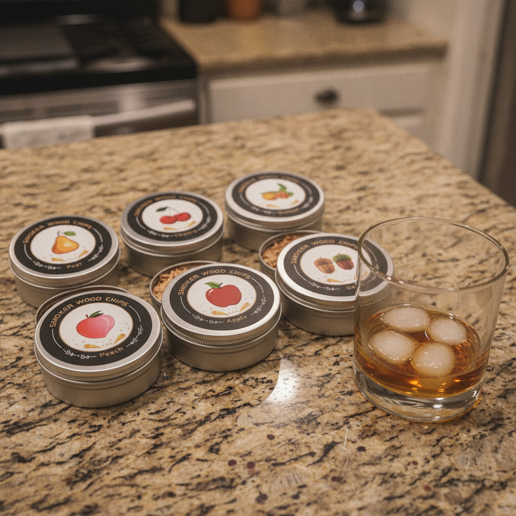Six wood chip tins on a kitchen counter beside a glass of whisky with ice