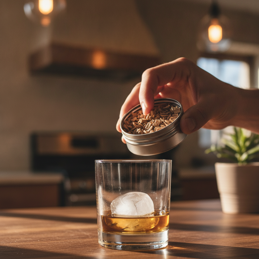 Hand tipping wood chips from an open tin over a rocks glass