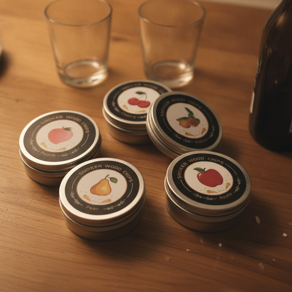 Wood chip tins on a wooden dining table with glasses and a bottle