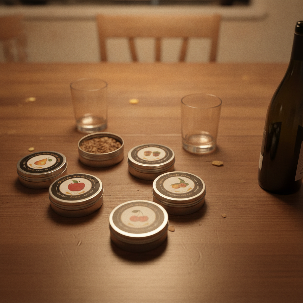 Wood chip tins spread on a dining table in warm lamp light