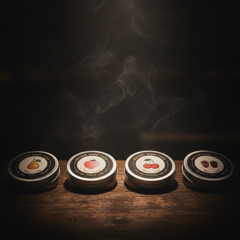 Wood chip tins on a dark bar top with drifting smoke
