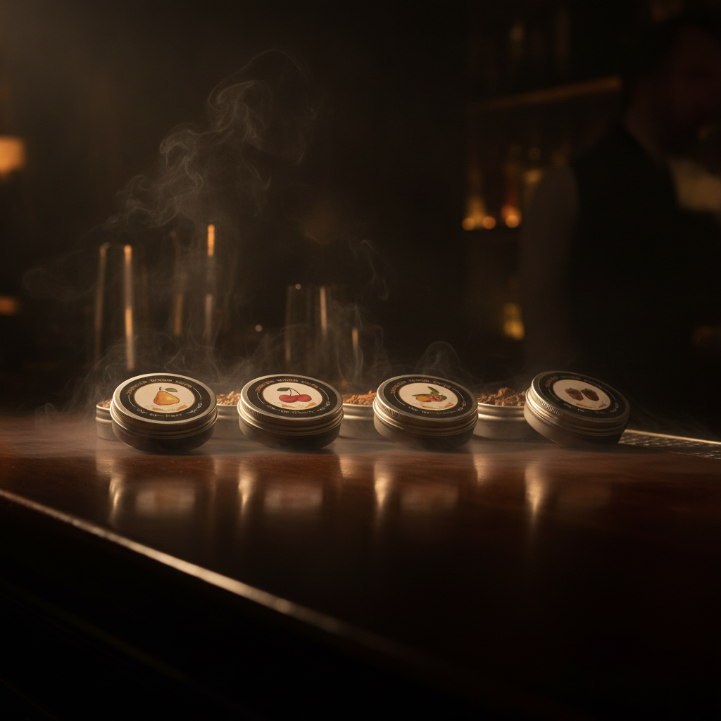 Wood chip tins lit from the side on a dark bar top