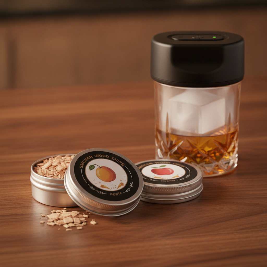 Tins of HomyPoint smoking wood chips beside an electric cocktail smoker filling a whisky glass with smoke