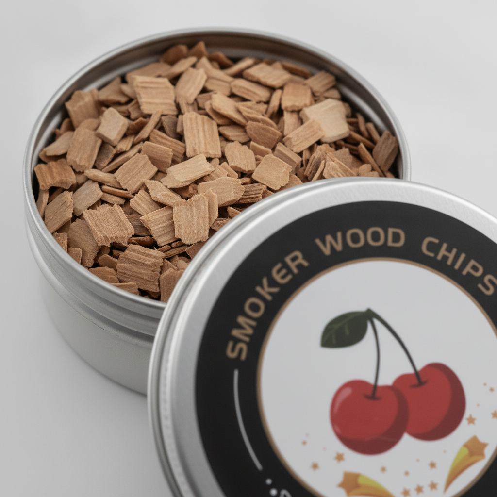 Close-up of an open tin of HomyPoint smoking wood chips showing the chip texture and the cherry wood label