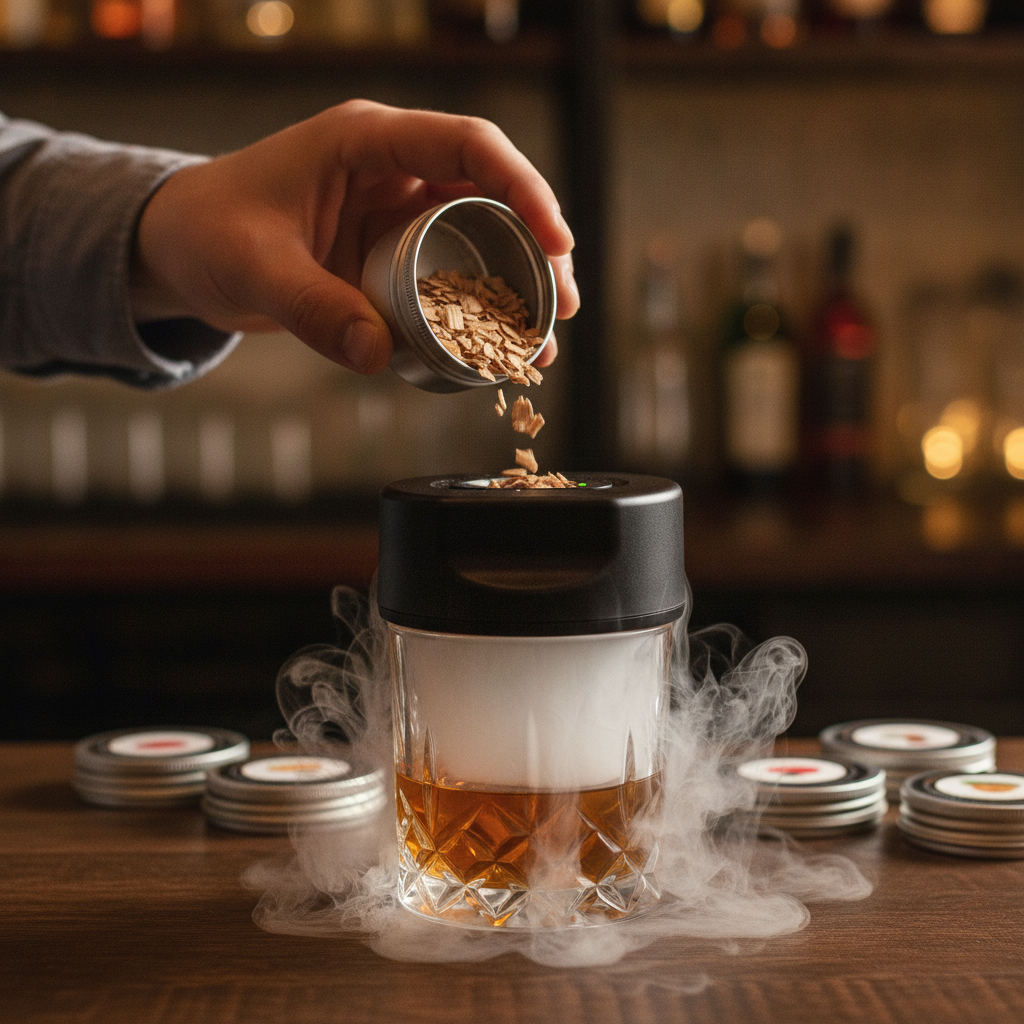 Wood chips being tipped from an open tin into an electric cocktail smoker over a glass