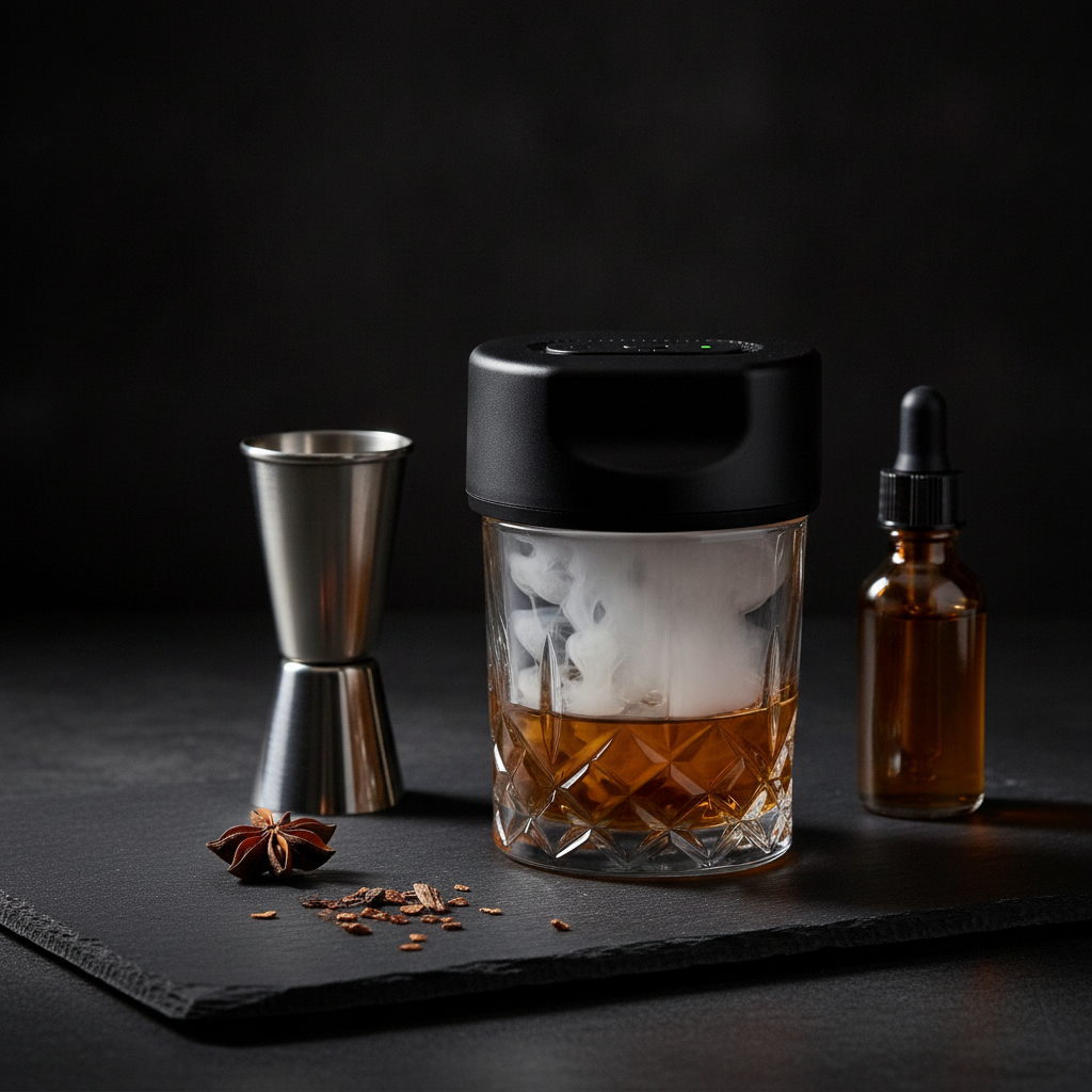 Electric cocktail smoker smoking a whisky glass on a slate board with a jigger, bitters and wood chips