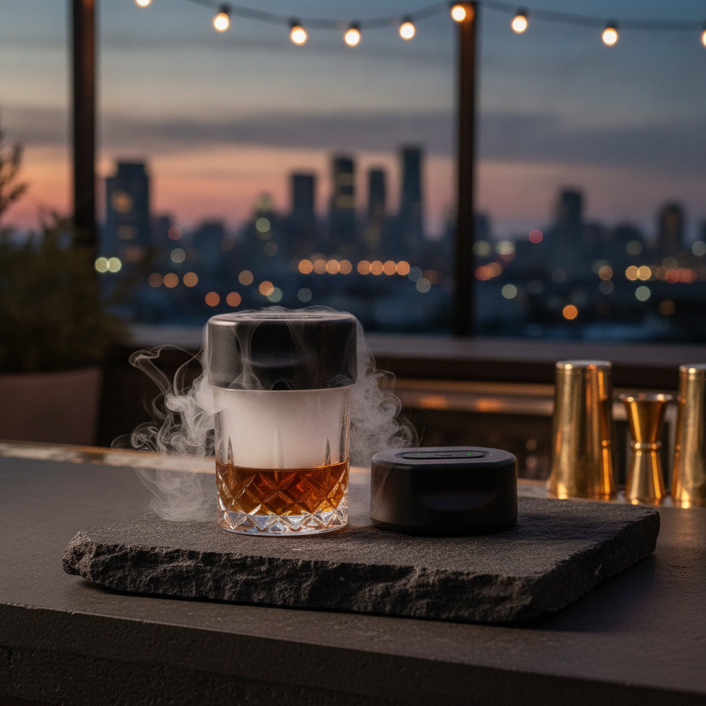 Electric cocktail smoker beside a smoking whisky glass on a rooftop bar counter at dusk