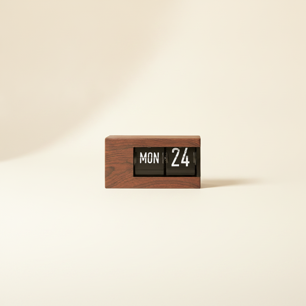 Flip calendar clock with walnut frame, studio shot