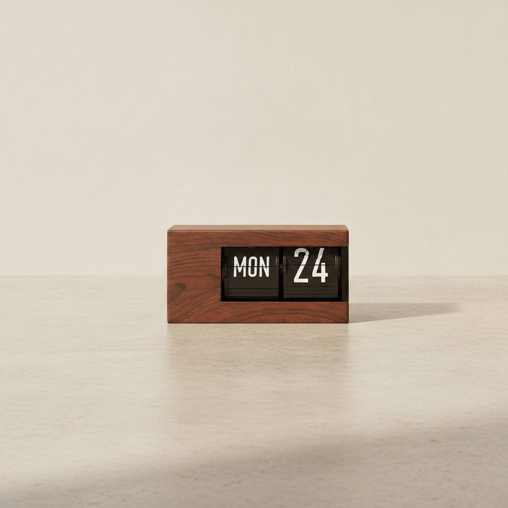 Flip calendar clock with walnut frame, studio shot