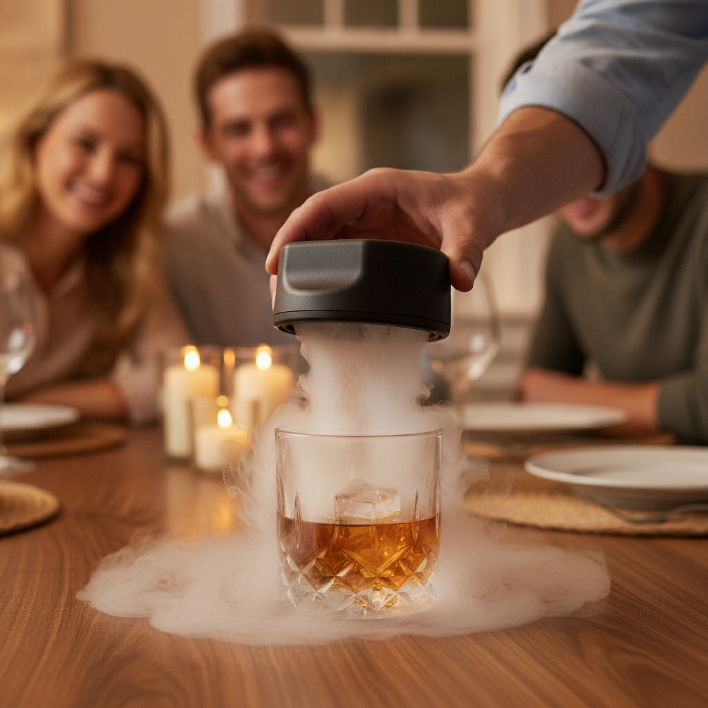 A host lifts the HomyPoint electric cocktail smoker off a whisky glass at a dinner table, smoke pouring over the rim while guests watch