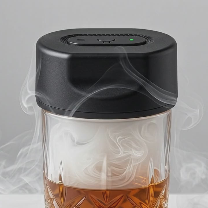 White smoke fills a cut crystal glass under the HomyPoint electric cocktail smoker, then the lid is lifted away