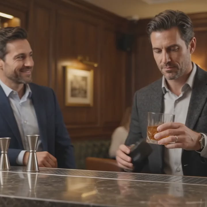 A man at a bar sets the HomyPoint electric cocktail smoker on his whisky glass and lifts it away through the smoke