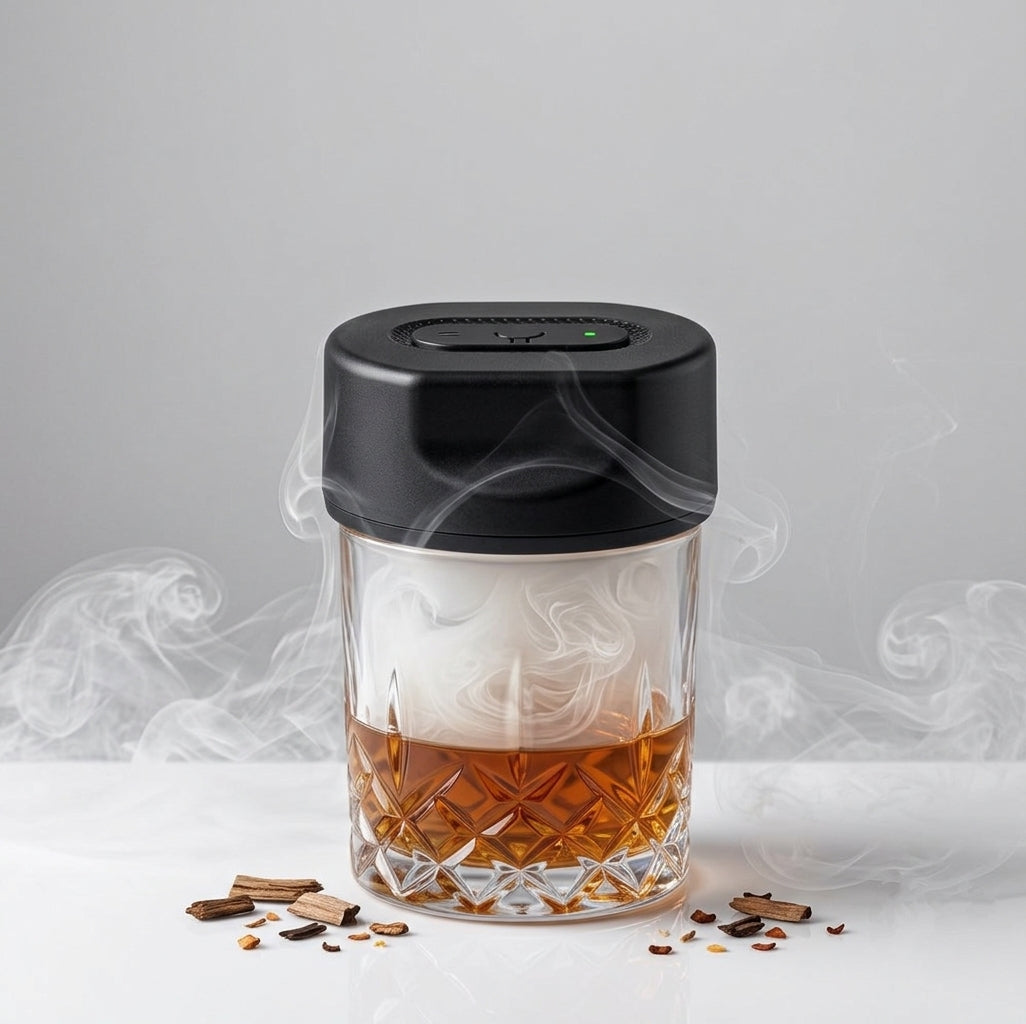 HomyPoint electric cocktail smoker on a cut crystal whisky glass filled with smoke, light studio background