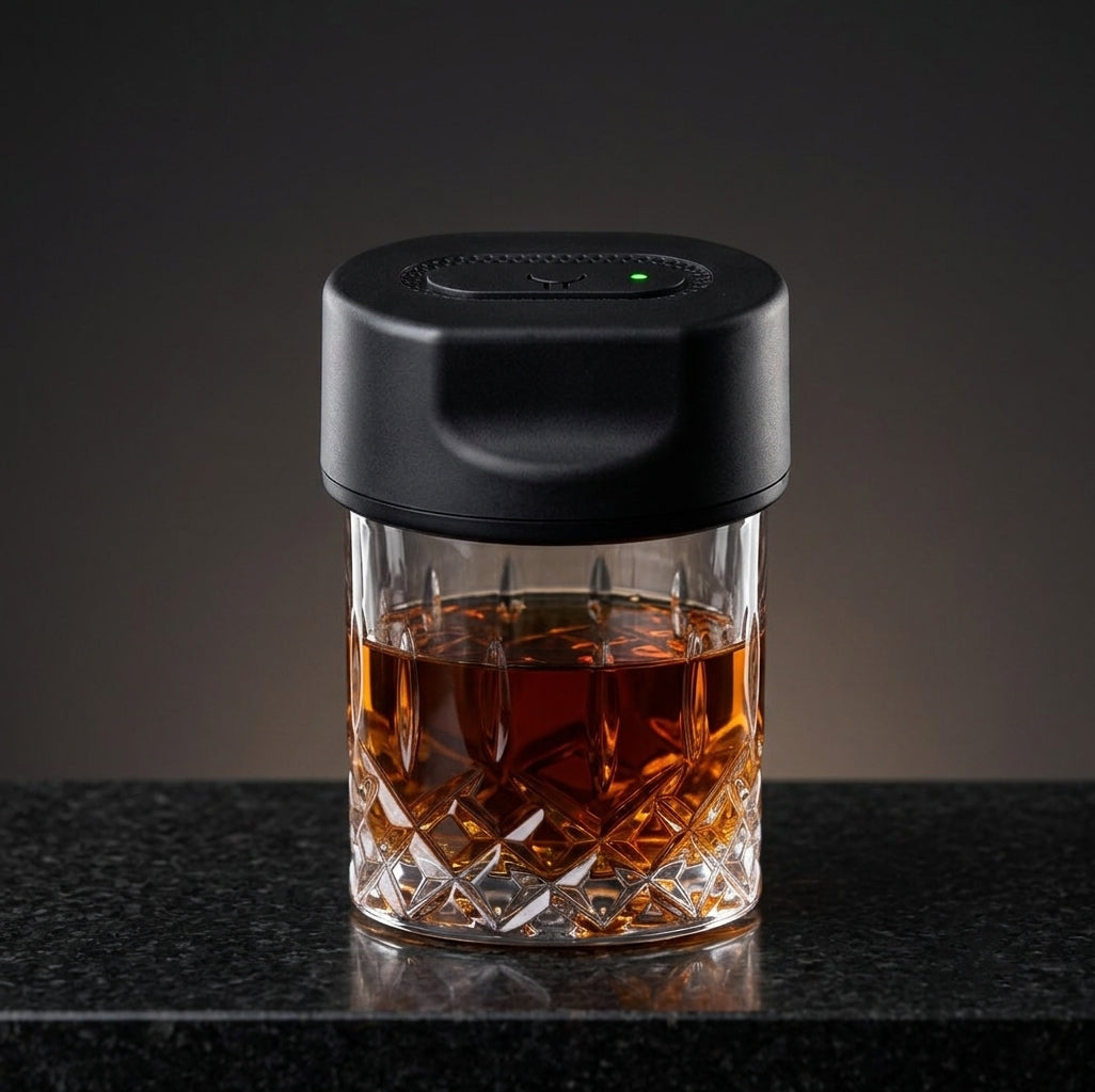 HomyPoint electric cocktail smoker on a cut crystal glass of whisky on dark granite