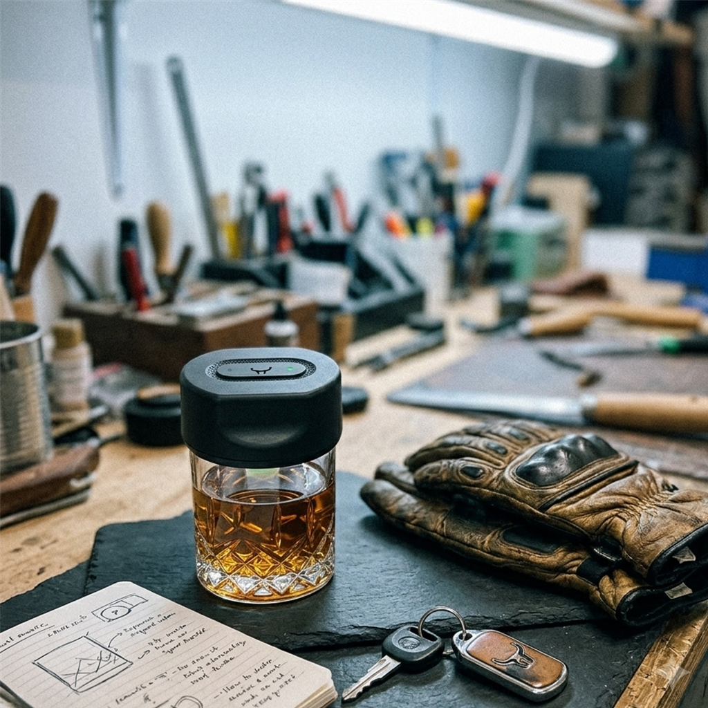 Electric cocktail smoker on a whisky glass at a workshop bench with leather gloves, keys and a notebook
