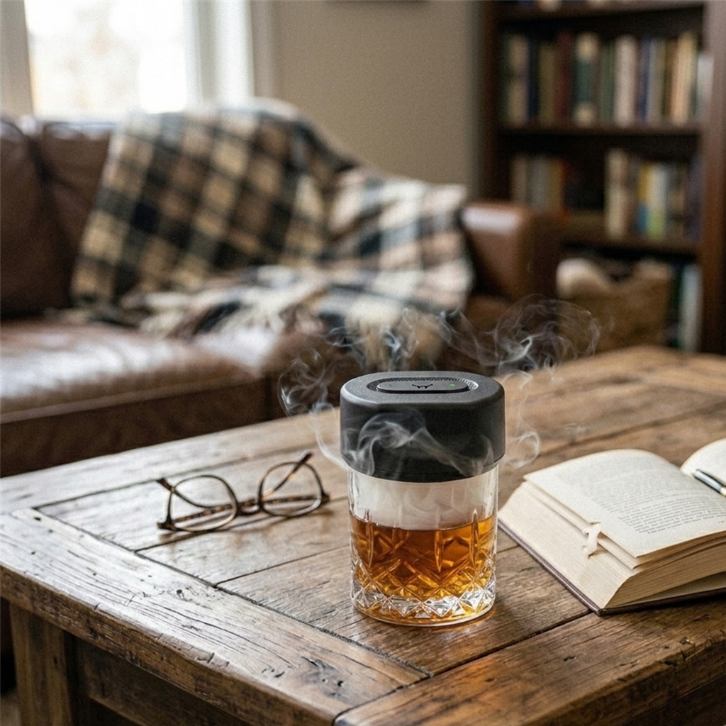Electric cocktail smoker on a whisky glass on a coffee table beside an open book and reading glasses