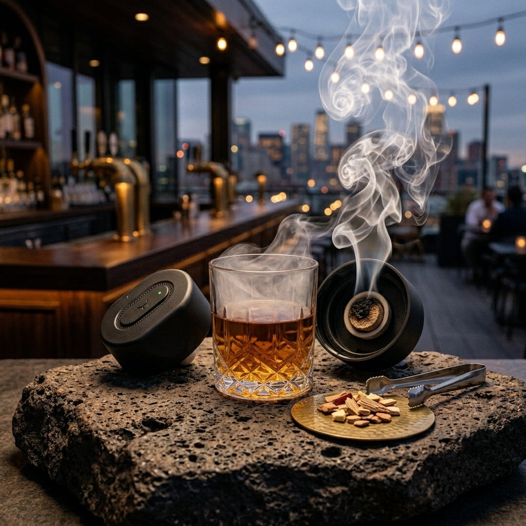 Electric cocktail smoker beside a smoking whisky glass on a rooftop bar at dusk