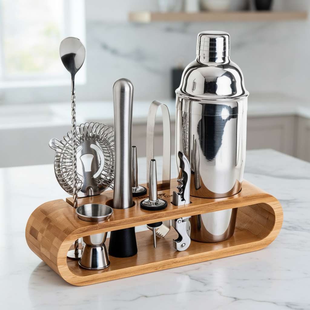 Bartender kit with bamboo stand on a marble kitchen island