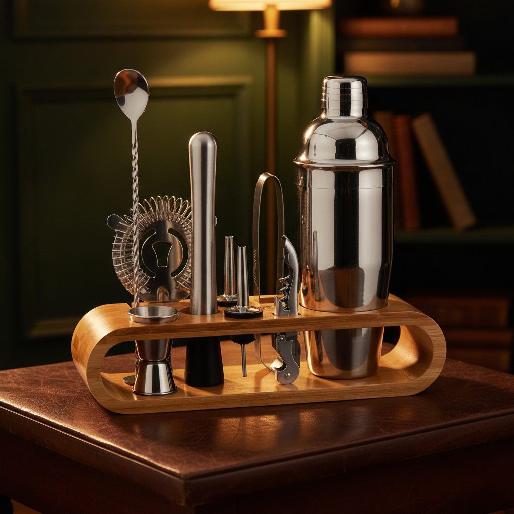 Bar tool set on a side table in a wood-panelled lounge