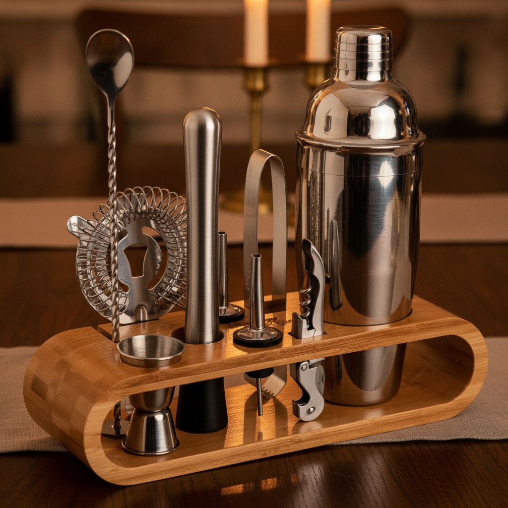 Cocktail shaker set and bar tools on a dining table laid for guests