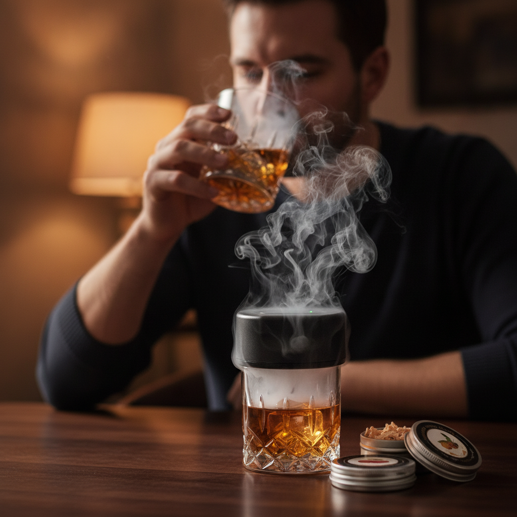 A man sips smoked whisky at a table while the HomyPoint electric cocktail smoker fills a second glass with smoke, tins of wood chips beside it