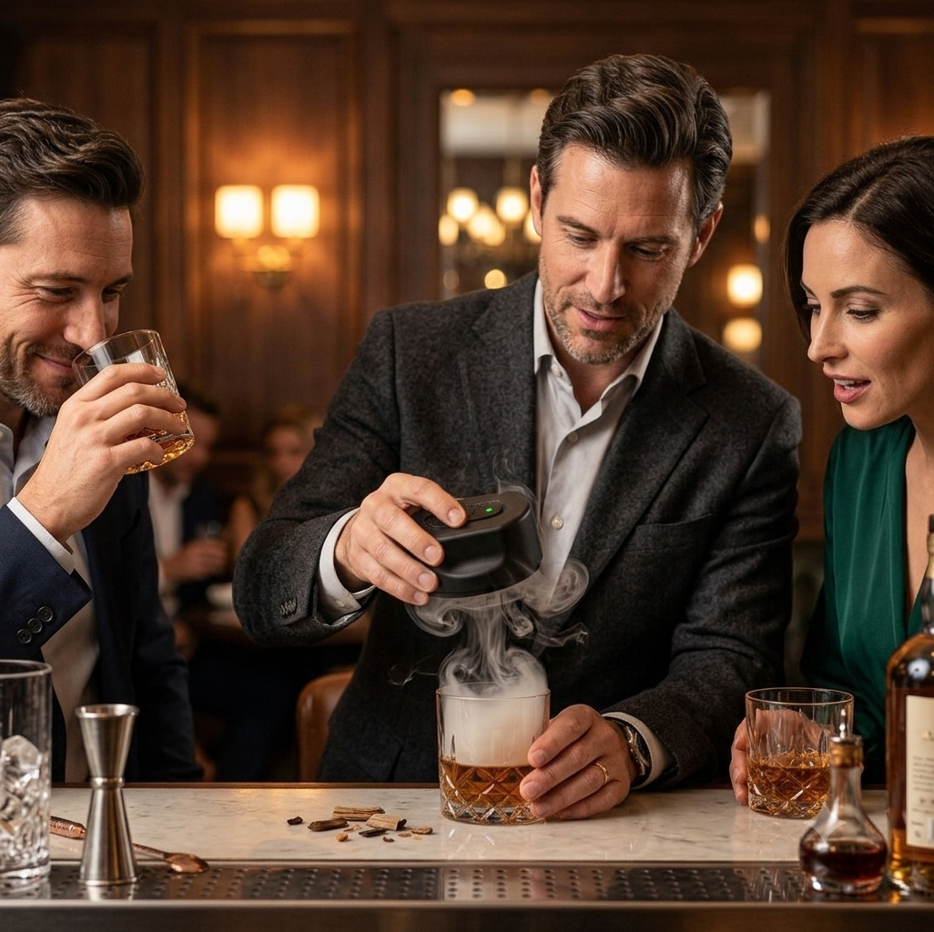 Guests at a bar watching a whisky cocktail being smoked with the HomyPoint electric smoker