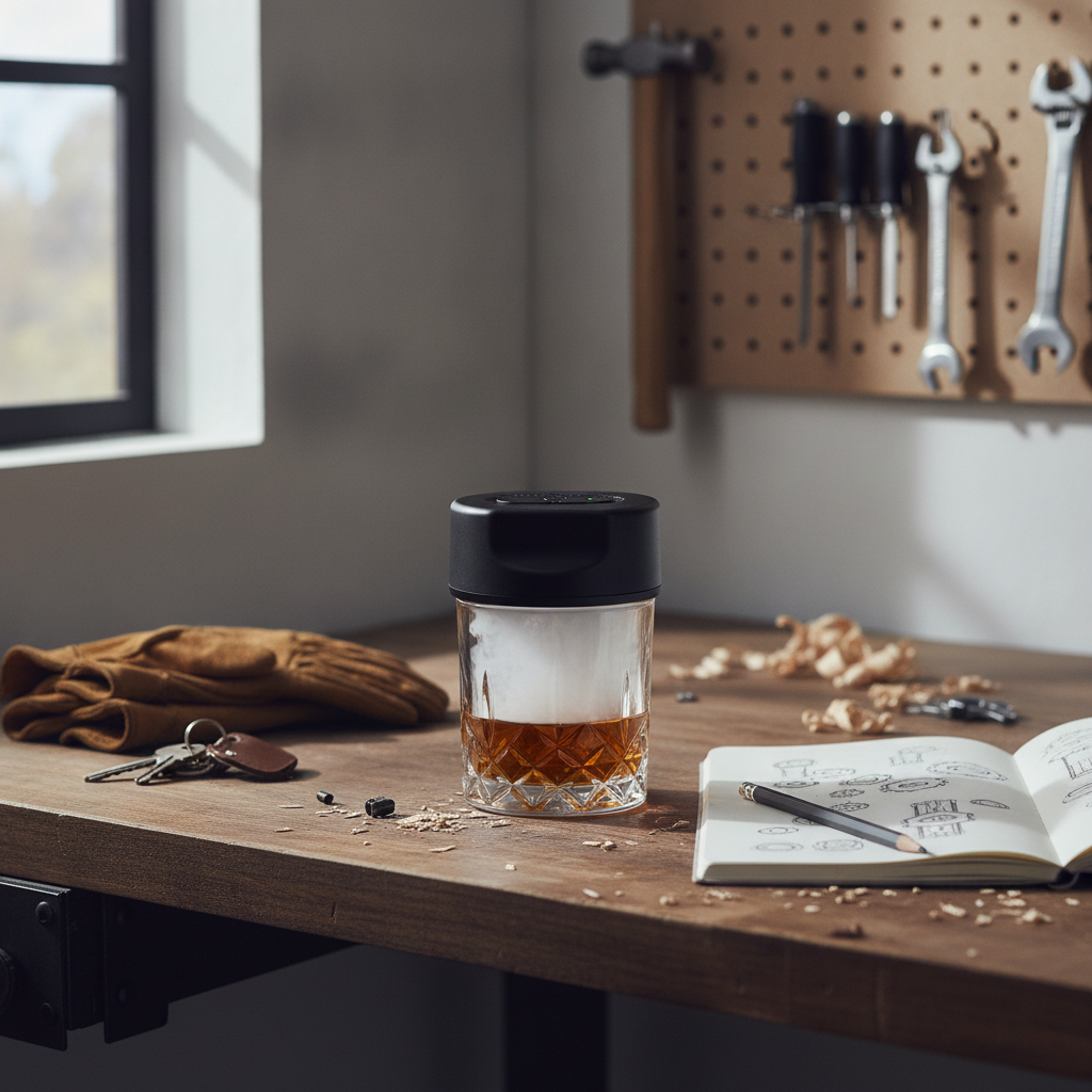 Electric cocktail smoker on a whisky glass at a home workshop bench with tools, gloves and a notebook