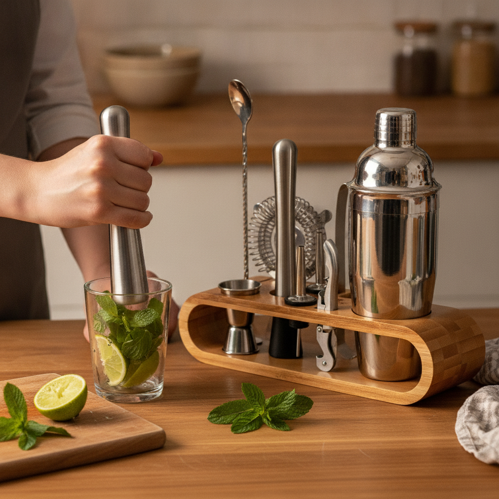 Using the steel muddler with mint and lime, the bar tool set on its bamboo stand beside it