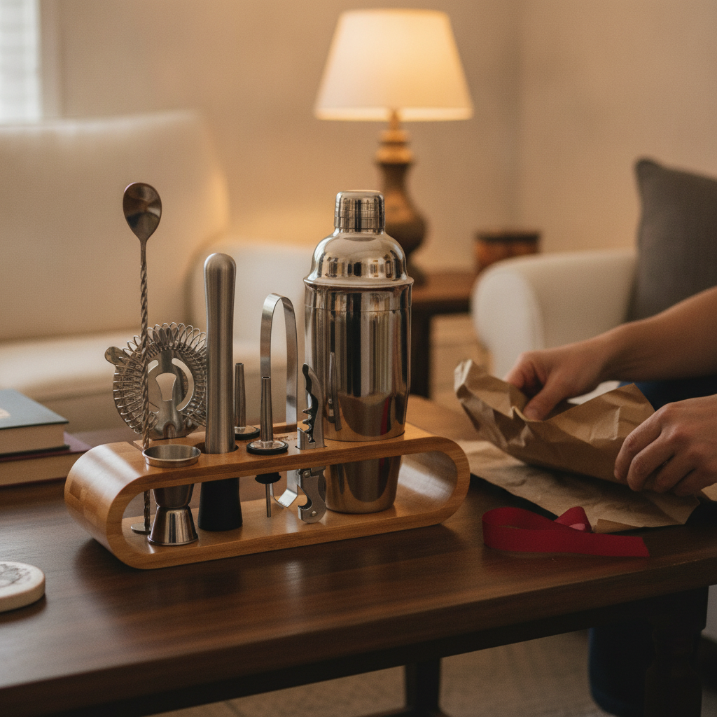 Bartender kit with bamboo stand unwrapped as a gift on a living room table