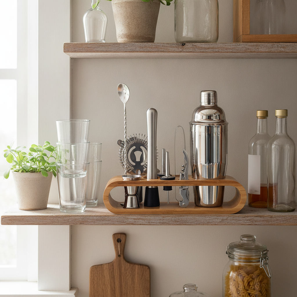 Bartender kit with bamboo stand on an open kitchen shelf beside glasses and bottles