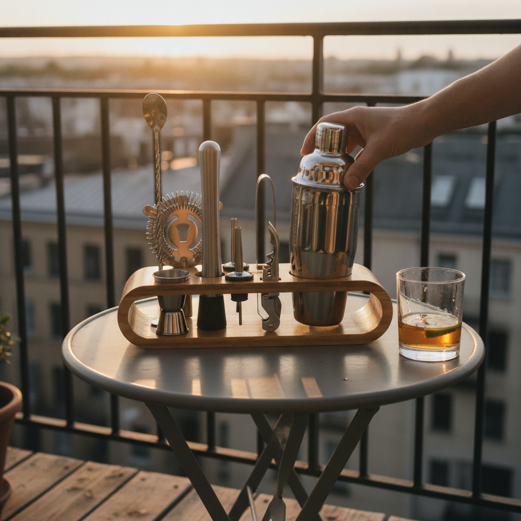 Bar tool set with bamboo stand on a balcony table at sunset