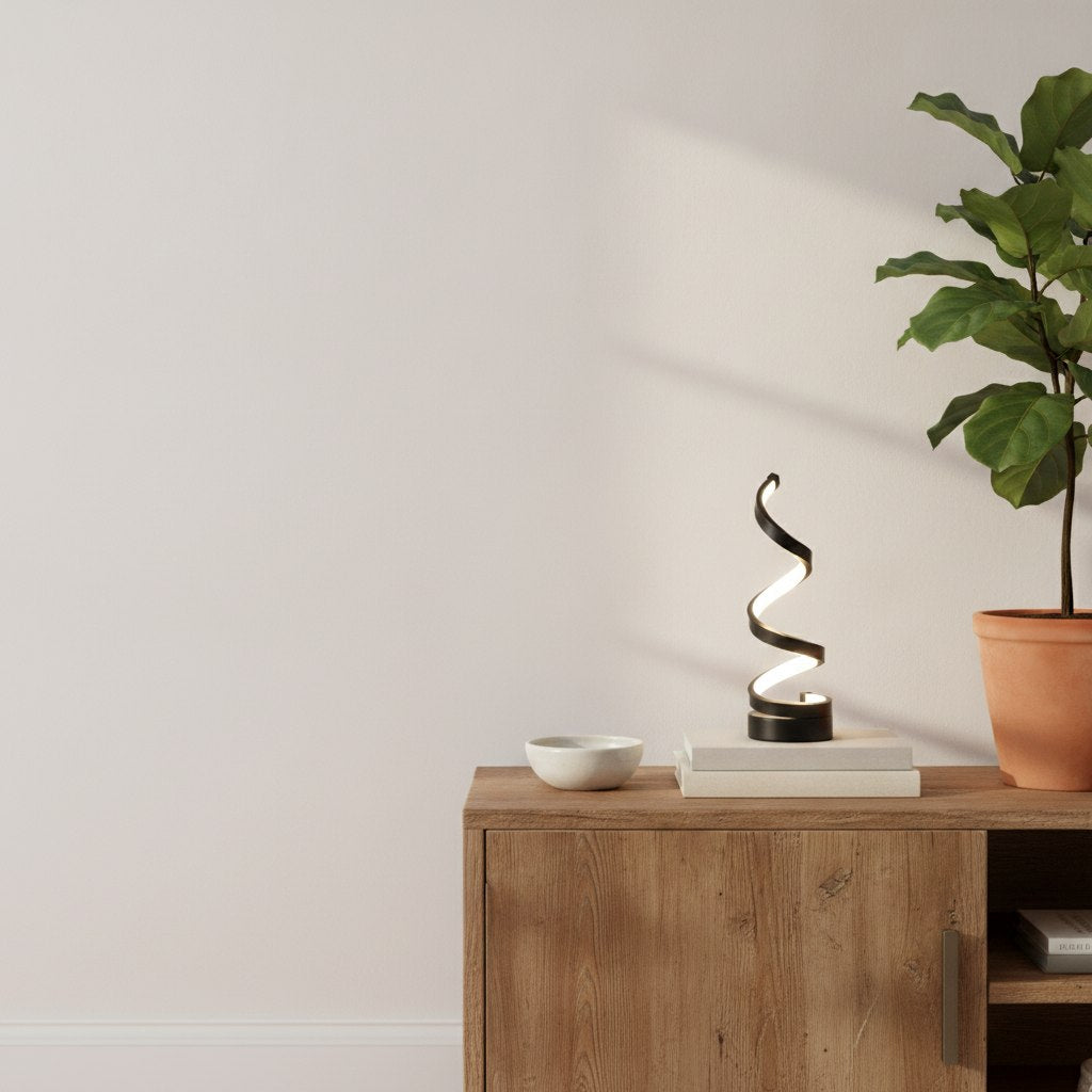 HomyPoint Spiral table lamp lit on an oak side table beside a vase of dried eucalyptus in a calm living room